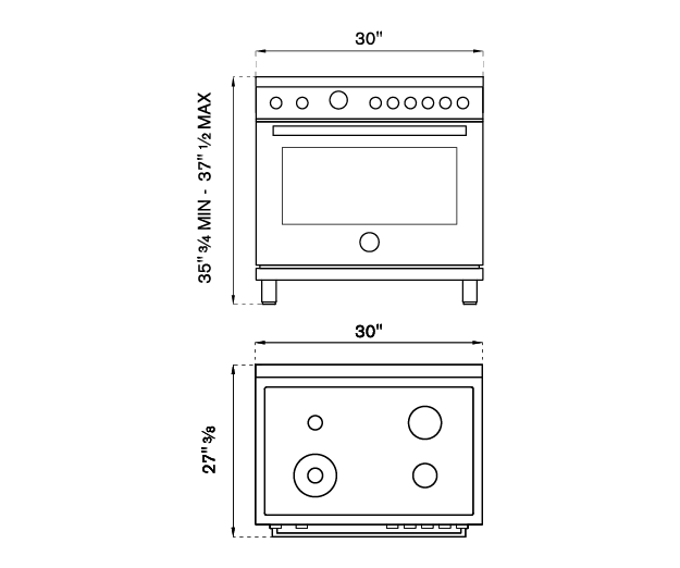 30 inch Dual Fuel Range, 4 Brass Burner, Electric SelfClean Oven Bertazzoni